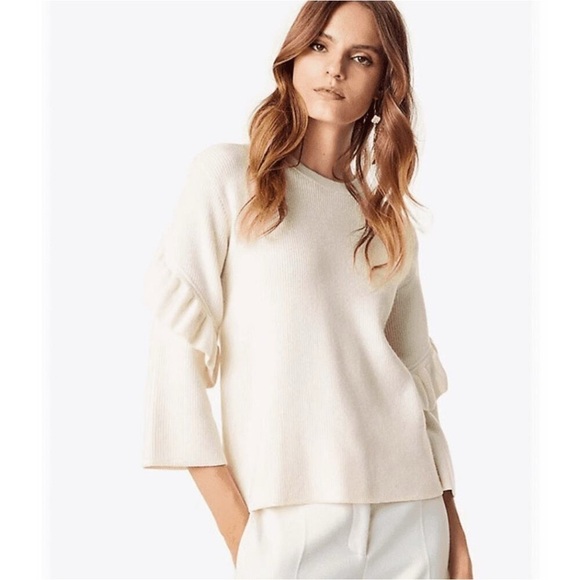 Tory Burch Ashley Ruffled Bell Sleeves Pullover Knit Sweater Wool Ivory - Picture 3 of 9